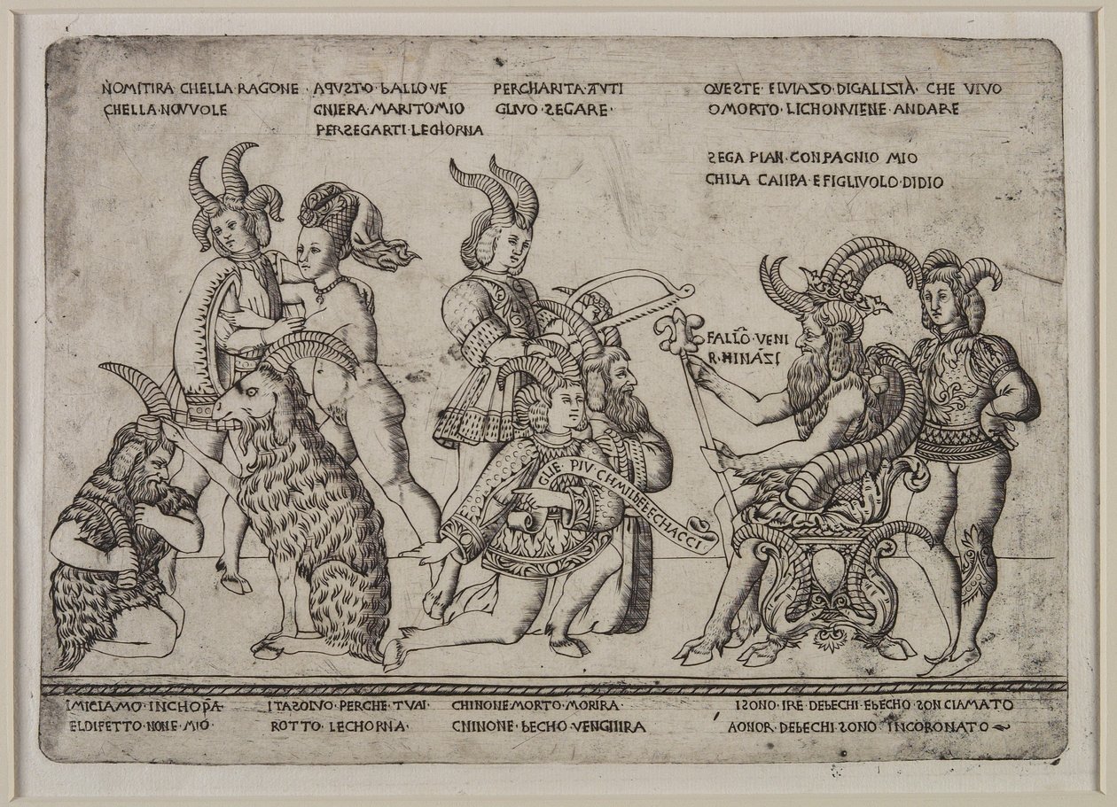 Der König der Ziegen: Eine Satire auf Gehörnte, ca. 1460-64 von Tommaso di Antonio Finiguerra
