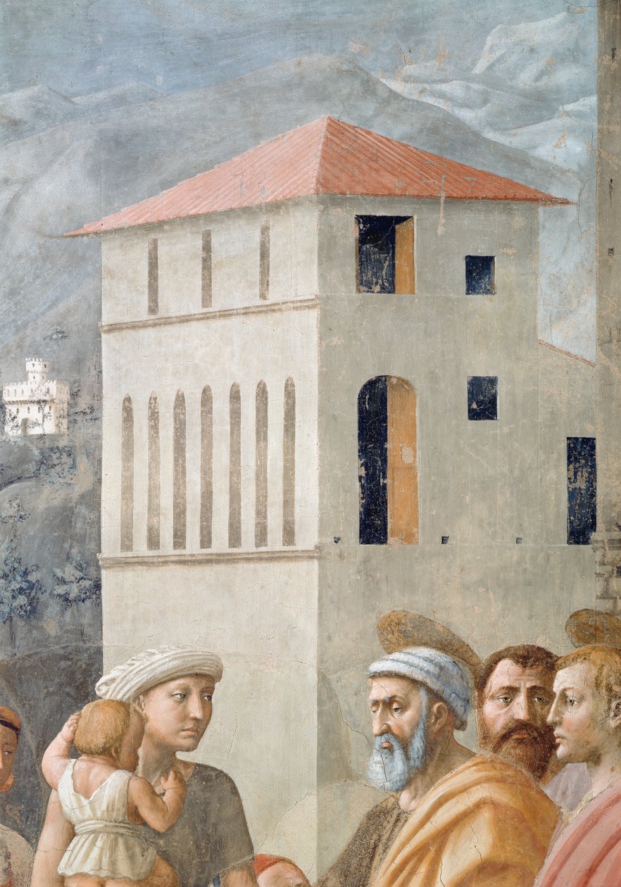 St. Peter verteilt die Gemeingüter der Kirche und der Tod des Ananias, Detail der Hintergrundarchitektur, ca. 1427 Fresko von Tommaso Masaccio