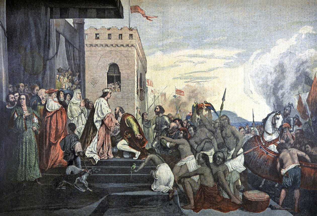 Empfang von Christoph Kolumbus durch den spanischen Hof in Barcelona von Tony (after) Robert Fleury