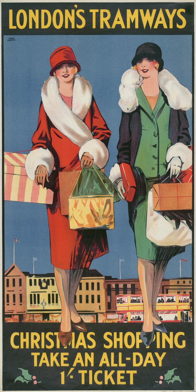Weihnachtseinkäufe, nehmen Sie ein Ganztagesticket, London County Council LCC Straßenbahnplakat von Tony Castle