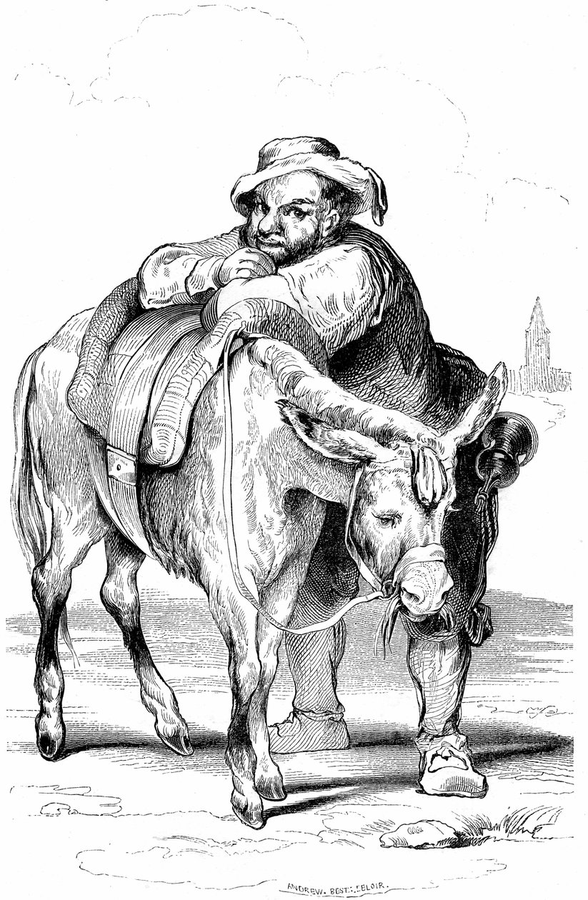 Sancho Panza, Knappe von Don Quijote und sein Esel. Illustration des Romans von Cervantes, veröffentlicht in Frankreich 1845 von Dubochet & Cie, Übersetzung von Louis Viardot, Gravuren von Tony Johannot. von Tony Johannot