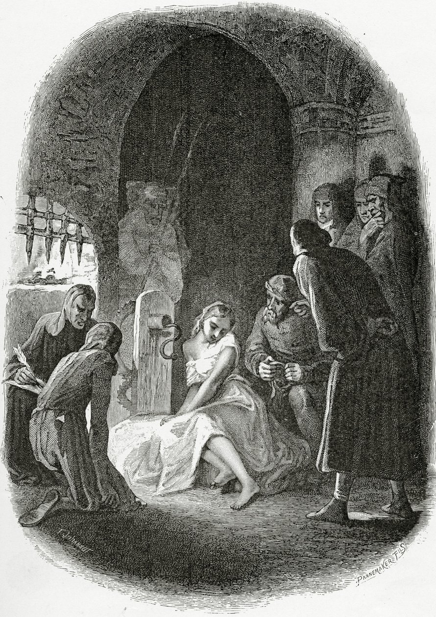 Die Vernehmung von Esmeralda - Illustration aus Notre Dame de Paris, 19. Jahrhundert von Tony Johannot