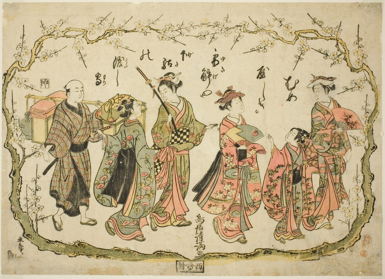 Gruppe auf dem Weg, um Pflaumenblüten zu betrachten von Torii Kiyomitsu I
