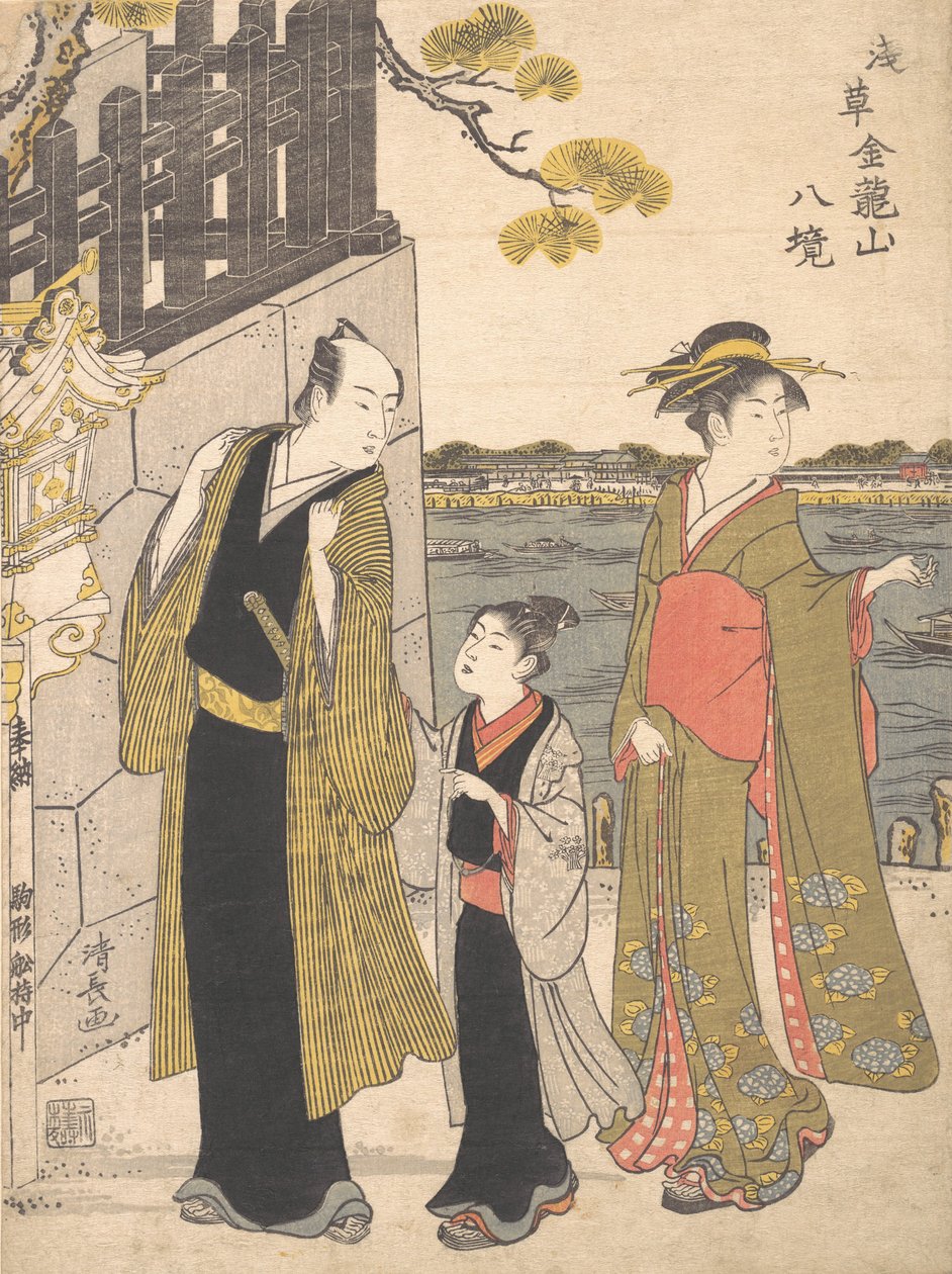 Ein Mann mit einem Jungen und einer Geisha, die den Kinryusan-Tempel besuchen, ca. 1787 von Torii Kiyonaga