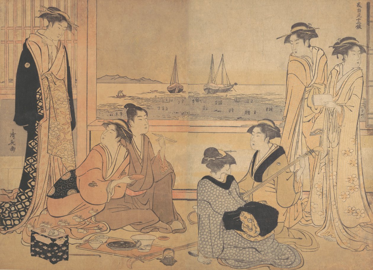 Eine Gruppe von Feiernden in einem Teehaus in Shinagawa, ca. 1783 von Torii Kiyonaga