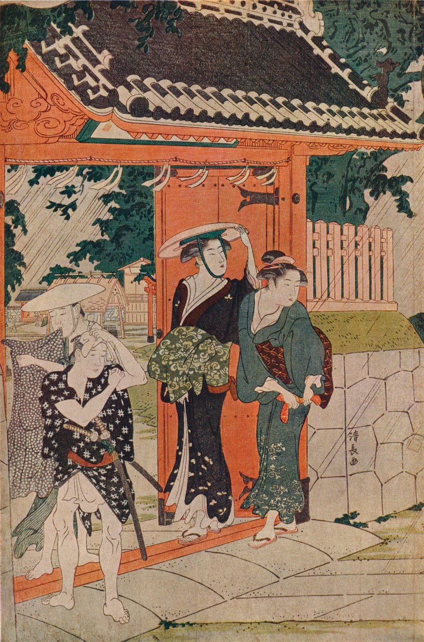 Ein plötzlicher Regenschauer am Mimeguri Inari Schrein, 1787 von Torii Kiyonaga