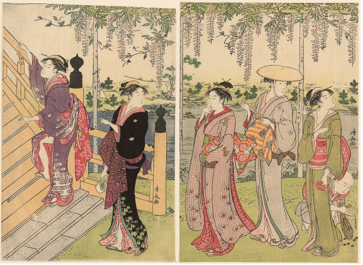 Bewunderung der Glyzinien am Kameido-Schrein von Torii Kiyonaga