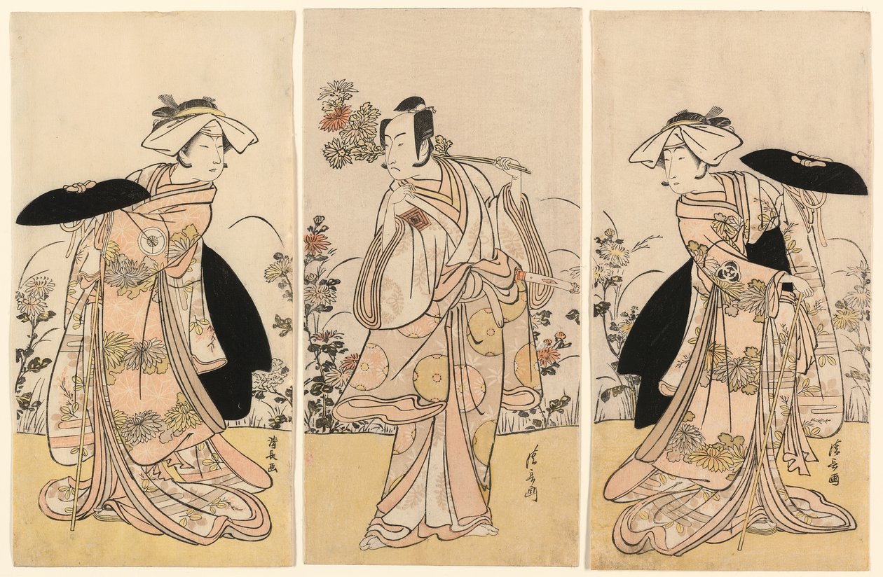 Bando Mitsugoro II als Tennen no Mansaku-kitsune und Ichikawa Monnosuke III als Nikaido Shinanonosuke und Iwai Hanshiro IV als Okura no Kojoro-kitsune in der Szene aus dem Drama Moto Mishi Yuki Sakae Hachi-no-ki von Torii Kiyonaga