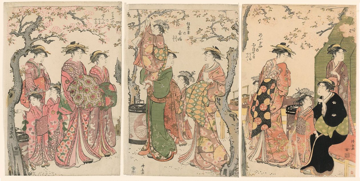 Kurtisanen und ihre Kinder unter blühenden Kirschbäumen von Torii Kiyonaga