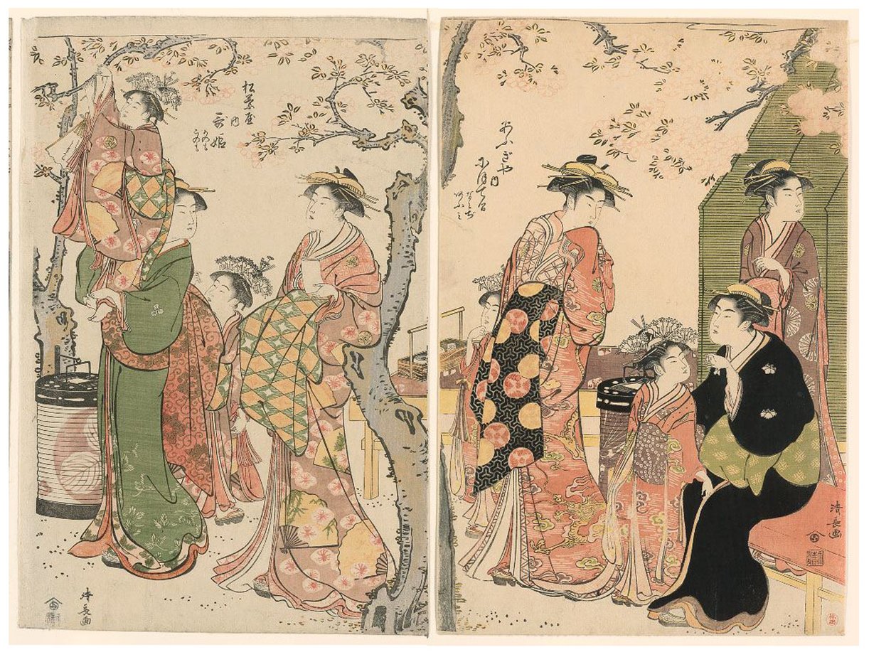 Kurtisanen und ihre Kinder unter blühenden Kirschbäumen von Torii Kiyonaga