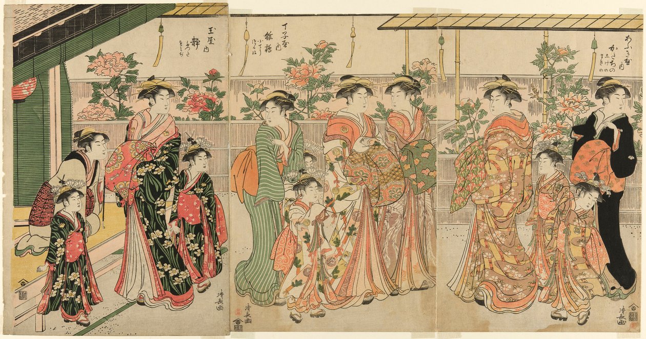 Kurtisanen von Yoshiwara und ihre Begleiter betrachten die Pfingstrosen auf Nakanocho von Torii Kiyonaga