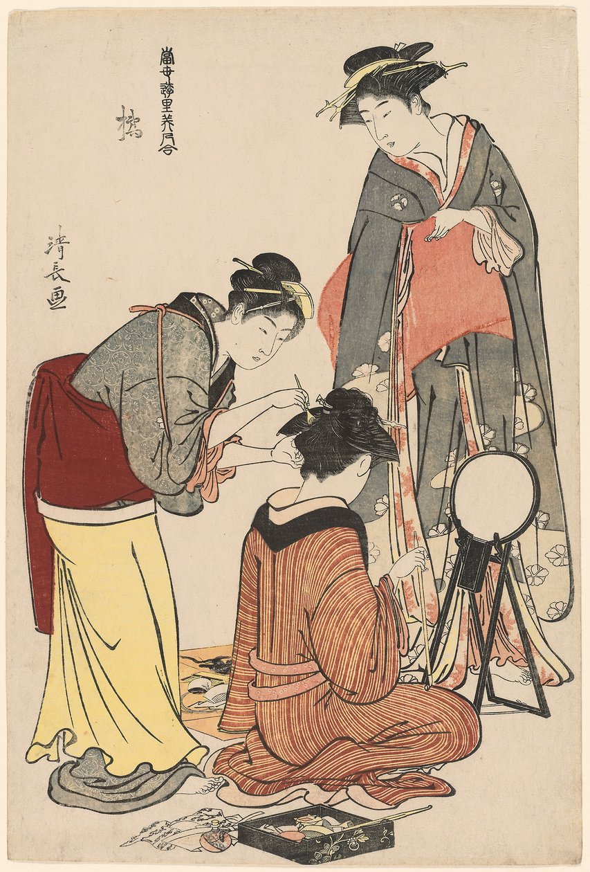 Unterhalter der Tachibana, aus der Serie "Eine Sammlung zeitgenössischer Schönheiten der Vergnügungsviertel (Tosei yuri bijin awase)", ca. 1782 von Torii Kiyonaga