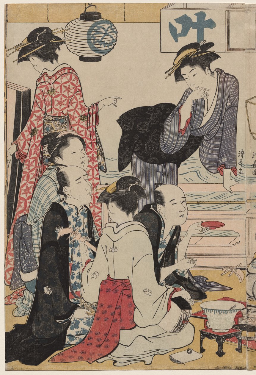 Unterhaltung auf einem Balkon am Wasser in Nakasu, aus der Serie, Eine Sammlung schöner moderner Frauen der Vergnügungsviertel von Torii Kiyonaga