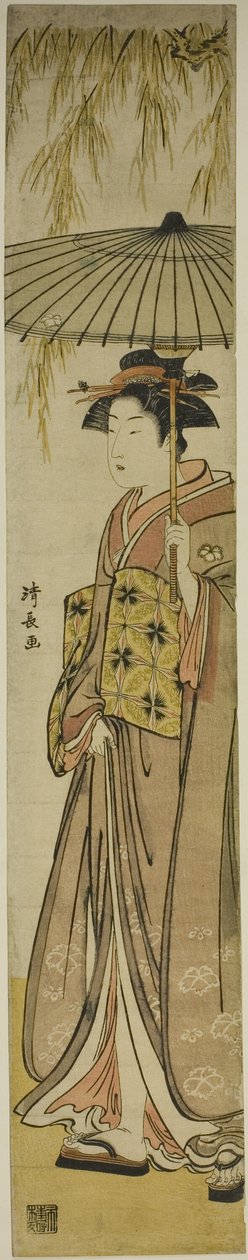 Geisha trägt einen Sonnenschirm unter einem Weidenbaum von Torii Kiyonaga
