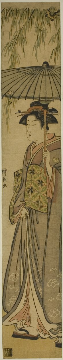 Geisha mit einem Sonnenschirm unter einem Weidenbaum von Torii Kiyonaga