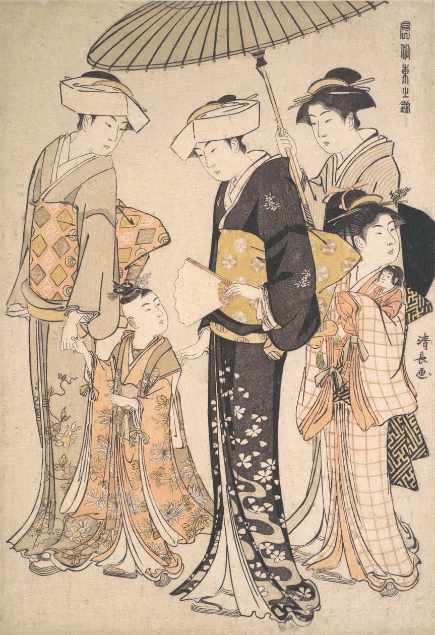 Hochrangiges Samurai-Mädchen mit vier Begleitern, aus der Serie Ein Brokat des Ostens von Torii Kiyonaga