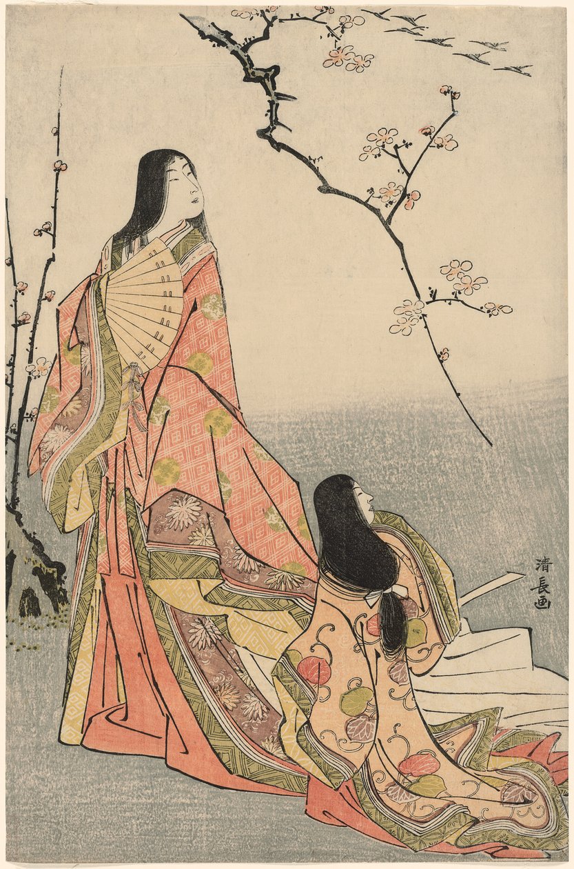 Ise beobachtet eine Schar Gänse, aus einer unbetitelten Serie von Hofdamen von Torii Kiyonaga