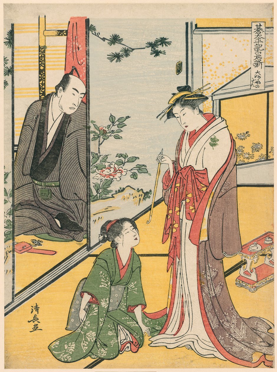 Szene im Daifukuya, aus der Serie "Go Taiheiki Shiraishi Banashi" von Torii Kiyonaga