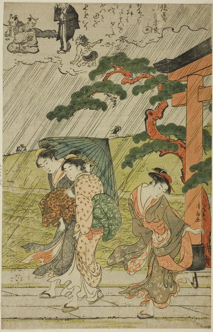 Plötzlicher Regenschauer am Mimeguri-Schrein von Torii Kiyonaga