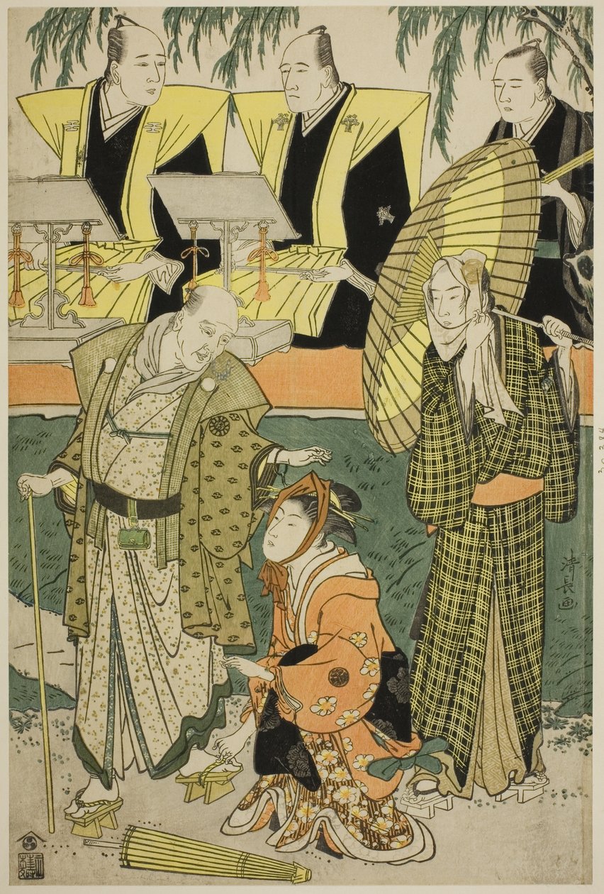 Die Schauspieler Bando Matakuro IV als Chubei, Osagawa Tsuneyo II als Umegawa und Nakamura Katsugoro als Magoemon, im Stück "Keisei Koibikyaku," aufgeführt im Morita Theater im fünften Monat, 1783 von Torii Kiyonaga