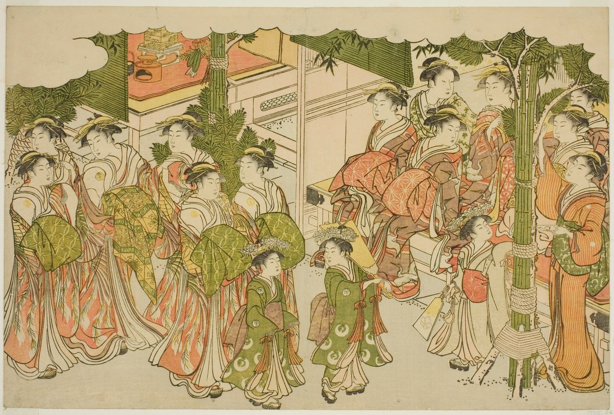 Die ersten Gewänder des neuen Jahres, aus dem illustrierten Buch Farben der dreifachen Morgendämmerung von Torii Kiyonaga
