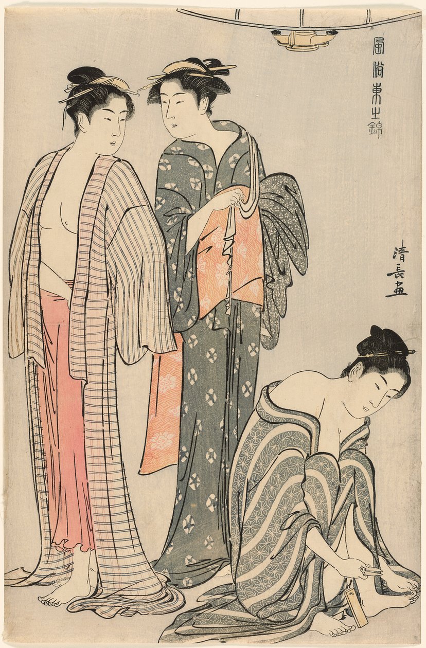 Drei Frauen nach dem Bad, aus der Serie „Ein Brokat östlicher Sitten (Fuzoku Azuma no nishiki)“ von Torii Kiyonaga