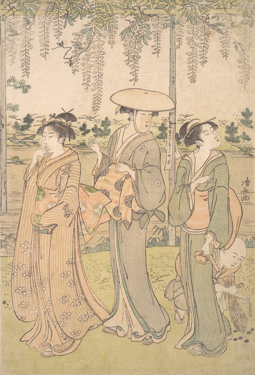 Drei Frauen und ein kleiner Junge unter einem Glyzinienlauben am Ufer eines Baches von Torii Kiyonaga