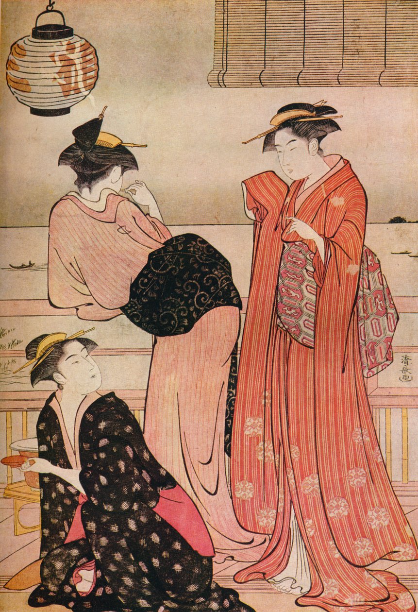 Drei Mädchen auf der Veranda eines Teehauses mit Blick auf die Bucht von Edo in Shinagawa, um 1752-1815 von Torii Kiyonaga