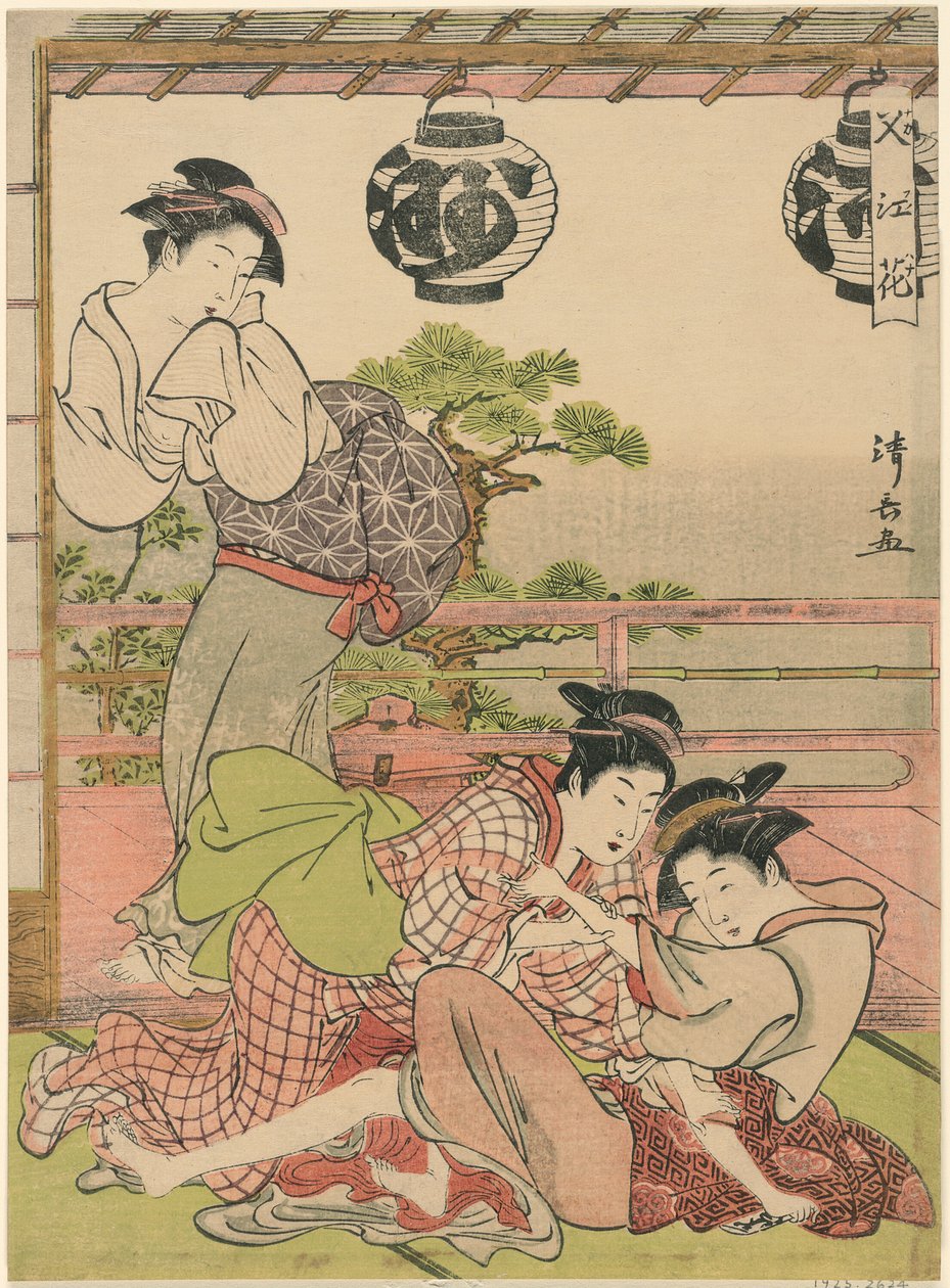Zwei Geishas kämpfen um einen Brief (Fumi no arasoi), aus der Serie "Blumen von Nakasu (Nakasu no hana)" von Torii Kiyonaga