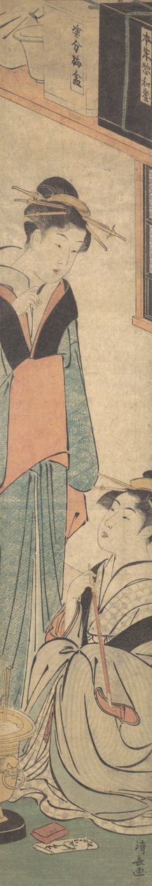Zwei Mädchen sprechen in der Nähe des Hibachi-Feuertopfs, ca. 1785 von Torii Kiyonaga