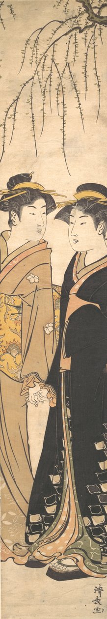 Zwei große junge Frauen Hand in Hand von Torii Kiyonaga