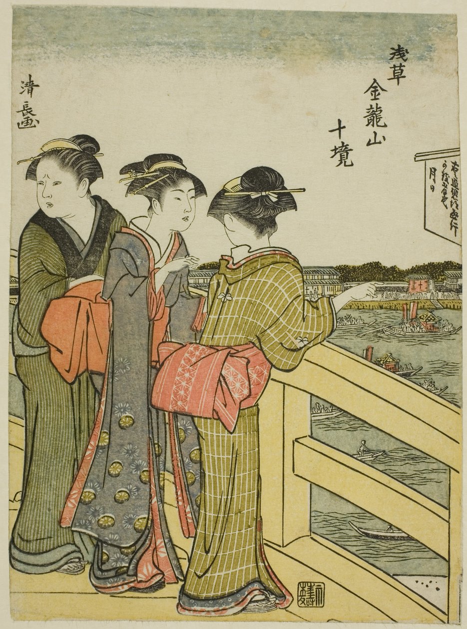 Blick von der Azuma-Brücke, aus der Serie "Zehn Bezirke des Kinryuzan-Tempels in Asakusa (Asakusa Kinruzan jikkei)" von Torii Kiyonaga