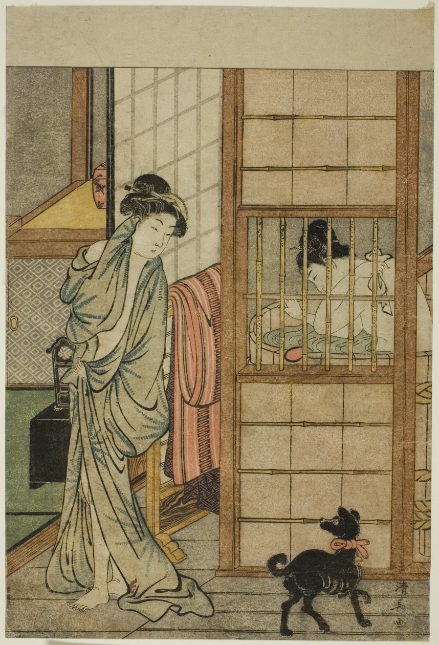 Frau nach einem Bad, aus "Vergleich der verlockenden Schönheiten (Irokurabe enpu sugata)" von Torii Kiyonaga