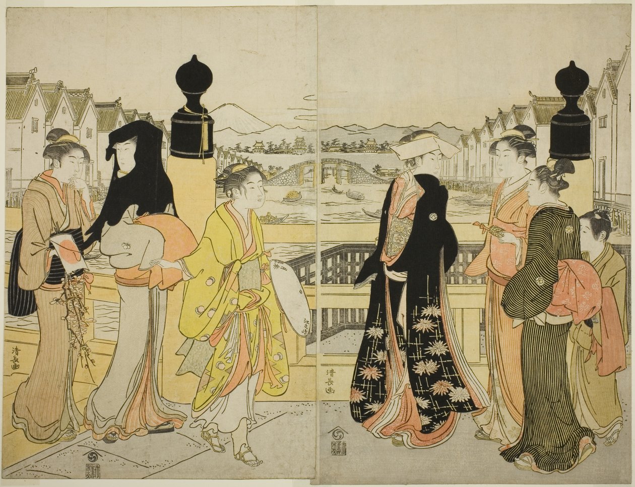 Frauen überqueren die Nihonbashi-Brücke von Torii Kiyonaga
