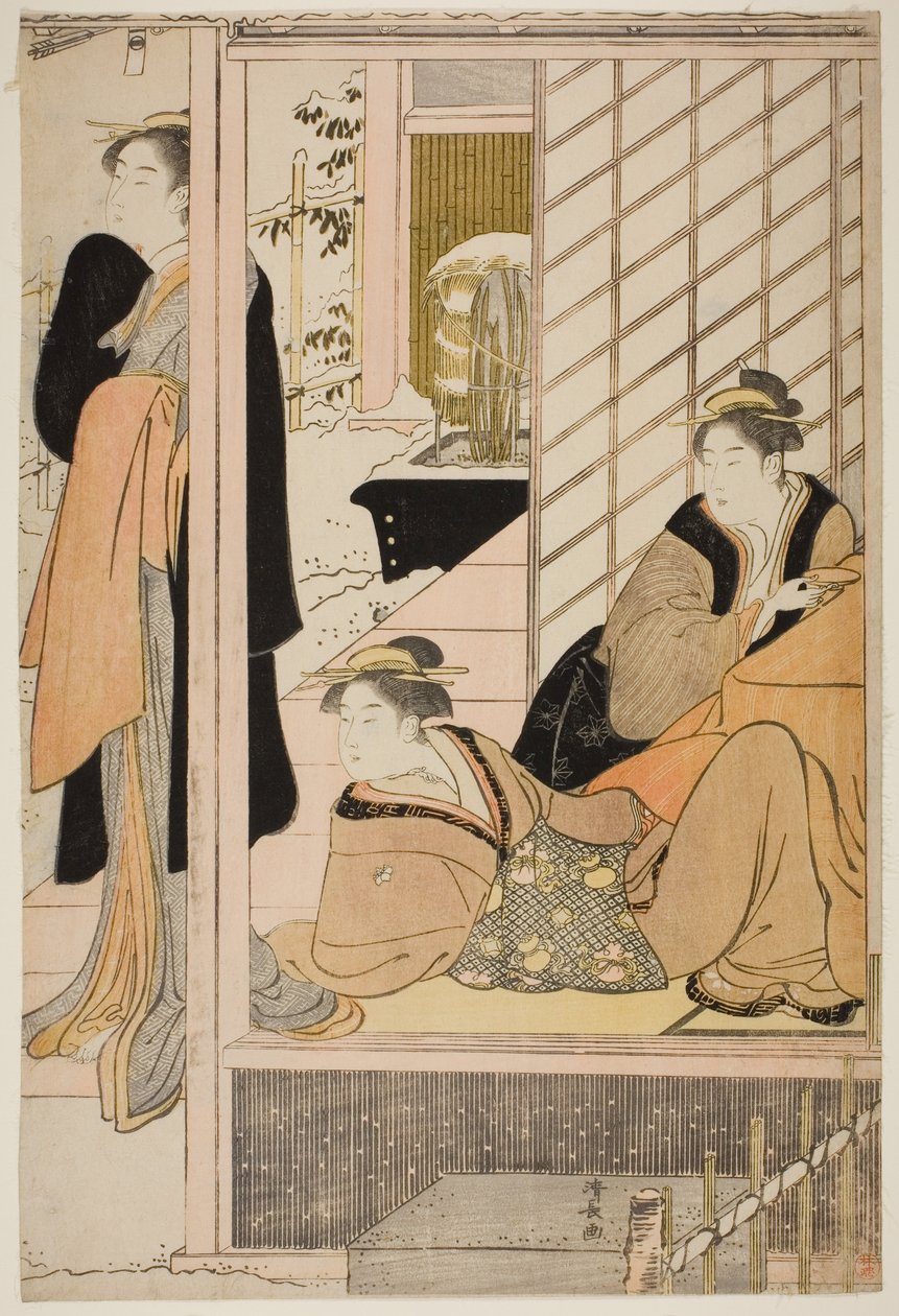 Frauen betrachten einen verschneiten Garten aus einem Salon von Torii Kiyonaga