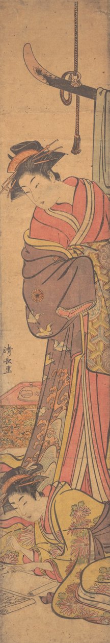 Junge Frau schaut über die Schulter einer anderen, die einen Brief schreibt von Torii Kiyonaga