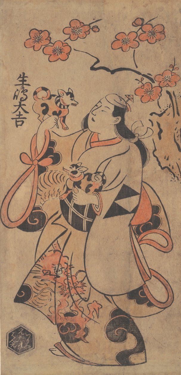 Der Schauspieler Ikushima Daikichi als Frau unter einem Ume-Baum von Torii Kiyonobu I