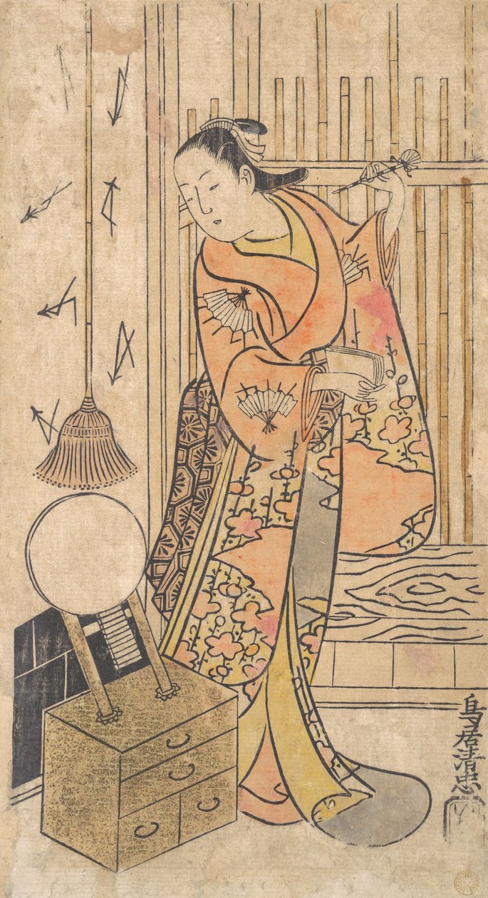 Schauspieler als Frau, die an einem Spiegelständer steht, ca. 1735 von Torii Kiyotada