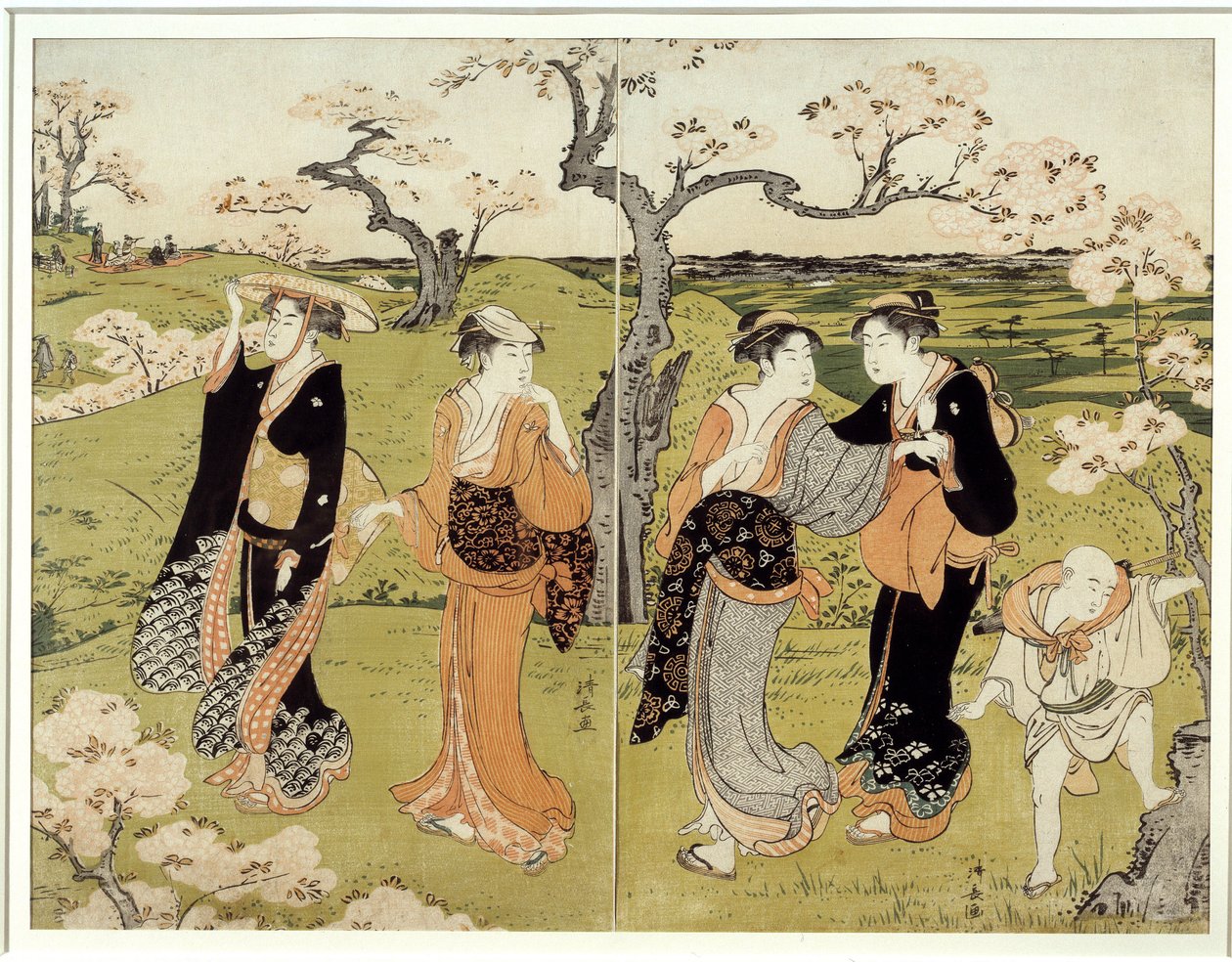 Picknick unter Kirschblüten in Assaakayama. Japanischer Druck von Torii Kiyonaga (1752-1815), Ukiyo-E-Stil von Torii Kuyonaga