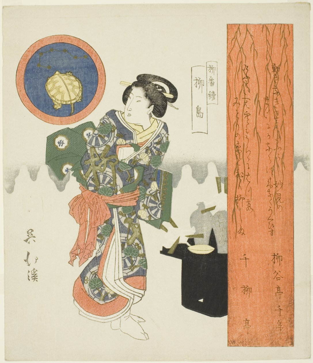 Weideninsel (Yanagishima), aus der Serie "Eine Serie von Weiden (Yanagi bantsuzuki)" von Totoya Hokkei