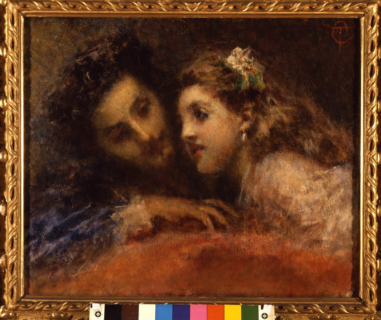 Attrazione (Anziehung), ein Mann beugt sich in einer vertrauten und beruhigenden Weise zu einem Kind. Er ist wahrscheinlich ein Vater und seine Tochter. Gemälde von Tranquillo Cremona (1837-1878) Galleria d