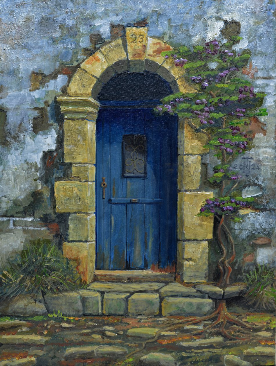 Blaue Tür, Paxos, Griechenland, 2024 von Trevor Neal