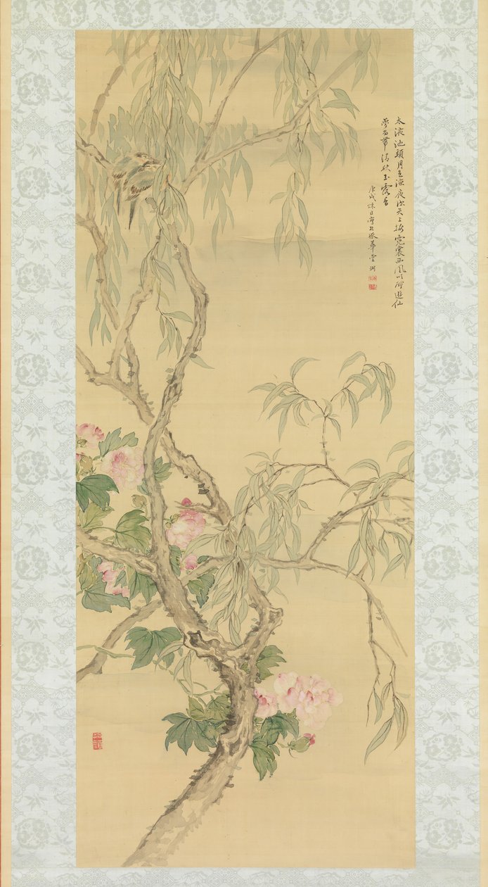 Kleine Vögel auf einem Weidenzweig und Hibiskusblüten, datiert Herbst 1850 von Tsubaki Chinzan