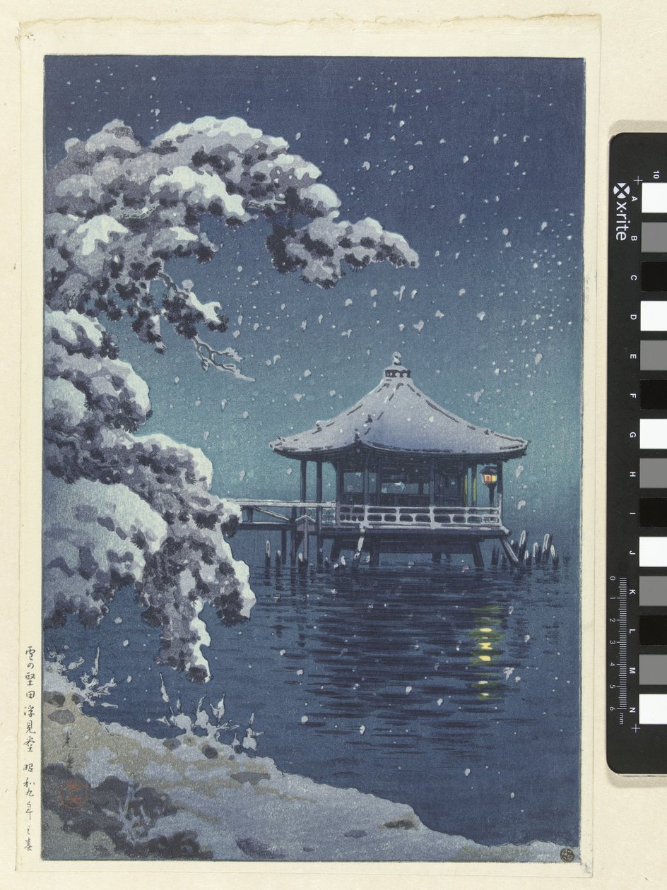 Das schwimmende Pavillon in Katada im Schnee von Tsuchiya Kōitsu