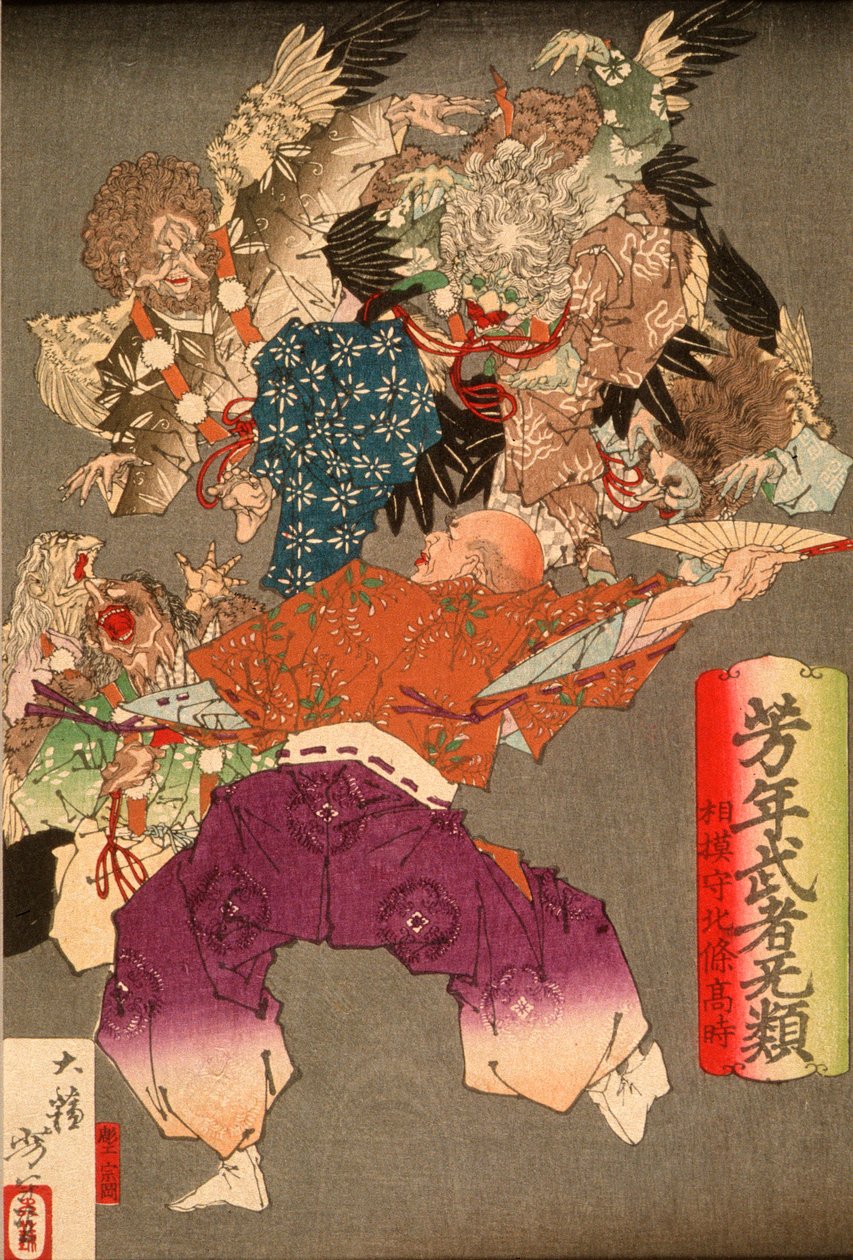 Hōjō Takatoki, Herr von Sagami, wehrt Tengu mit seinem Fächer ab von Tsukioka Yoshitoshi