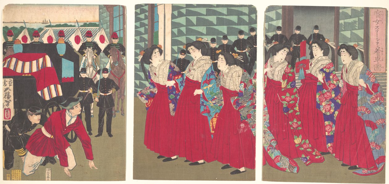 Illustration von Hofdamen, die an einer Station einsteigen von Tsukioka Yoshitoshi