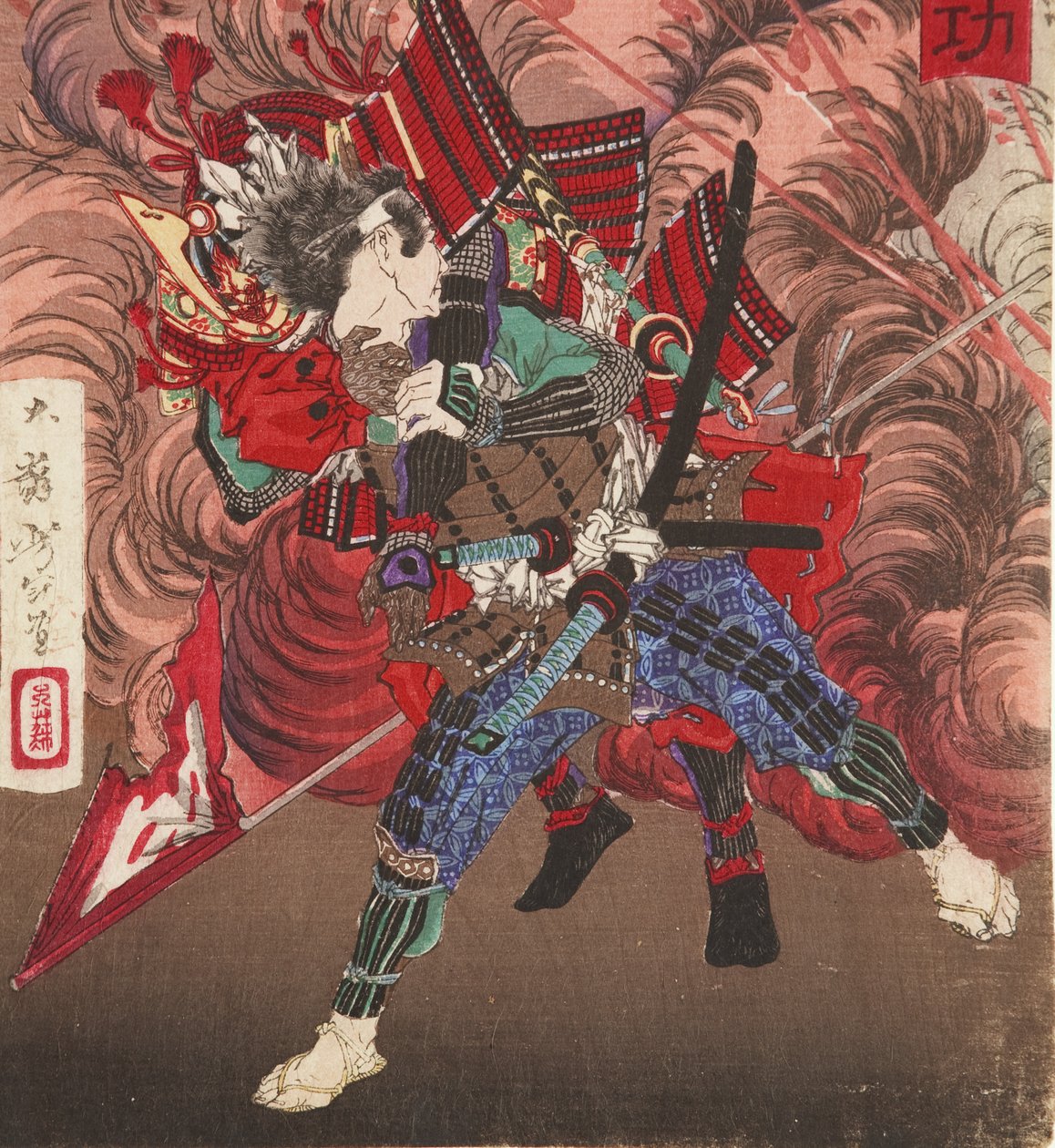 Okubo Hikozaemon rettet Tokugawa Ieyasu auf dem Schlachtfeld, 1881 (Holzschnitt) von Tsukioka Yoshitoshi