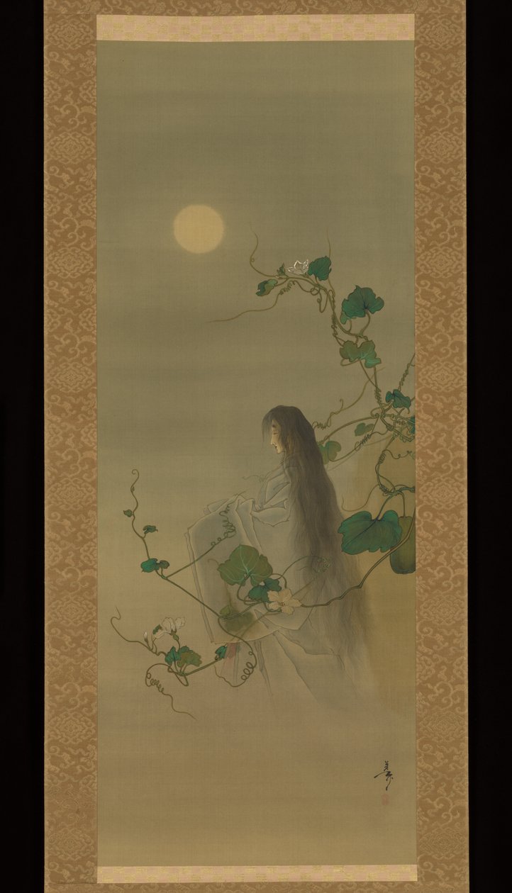 Der Geist der verstorbenen Yūgao in Mondblumenranken, basierend auf dem Druck „Die Dame der Abendgesichter“ aus der Serie Hundert Aspekte des Mondes von Tsukioka Yoshitoshi