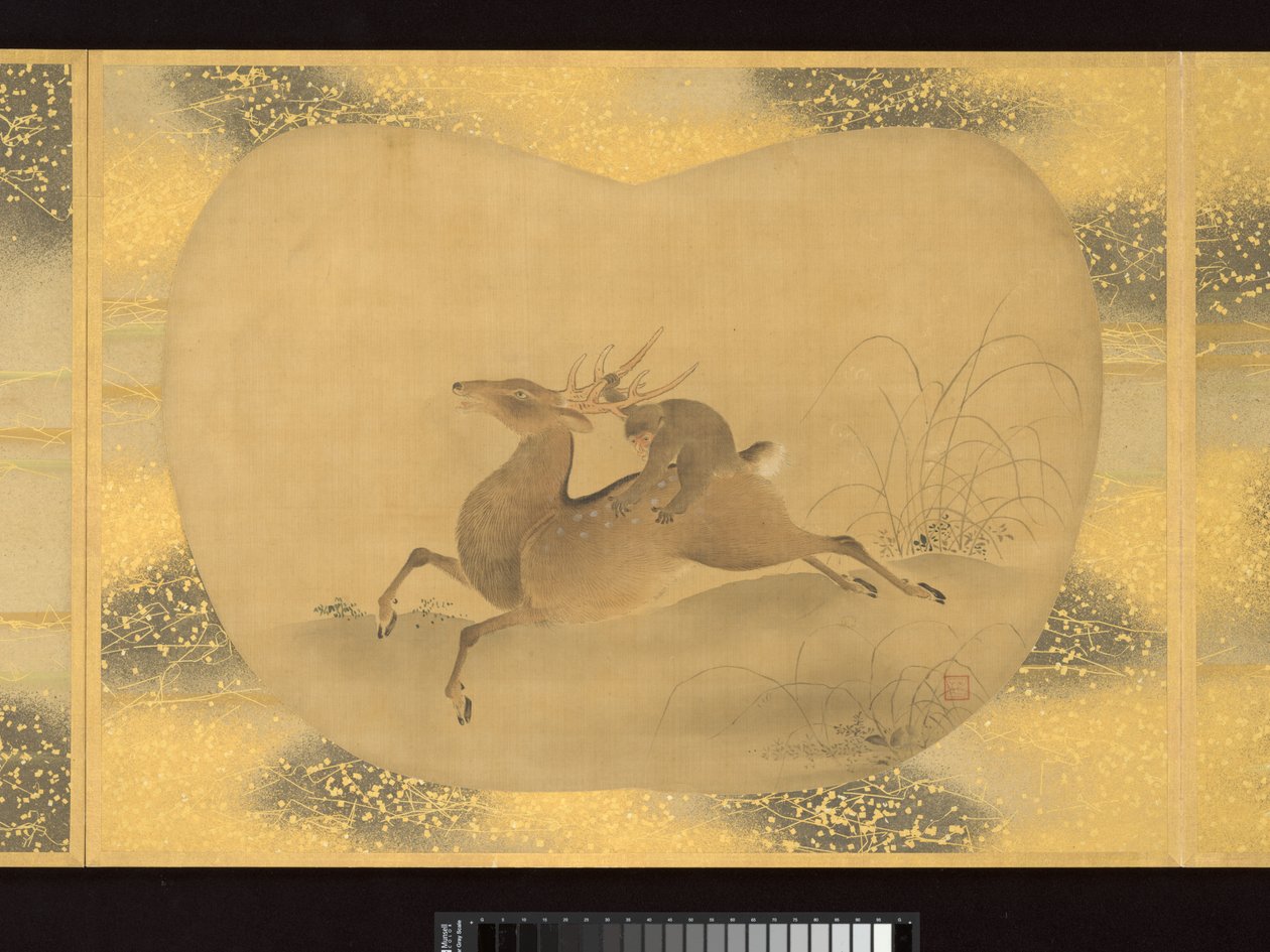 Album fächerförmiger Gemälde von Figuren, Vögeln und Blumen von Tsunenobu Kano