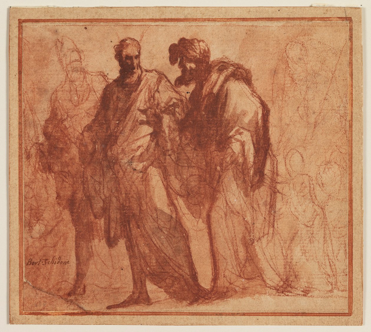 Vier gehende Männer, einer möglicherweise Moses, und Putti von Ubekendt